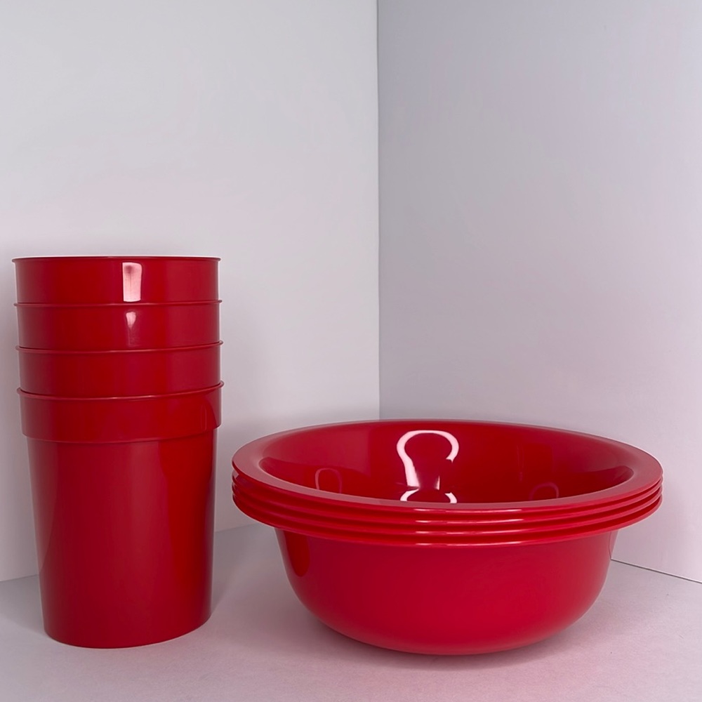 8 Pack | BPA-FREE | Large Red Plastic Bowls & Cups